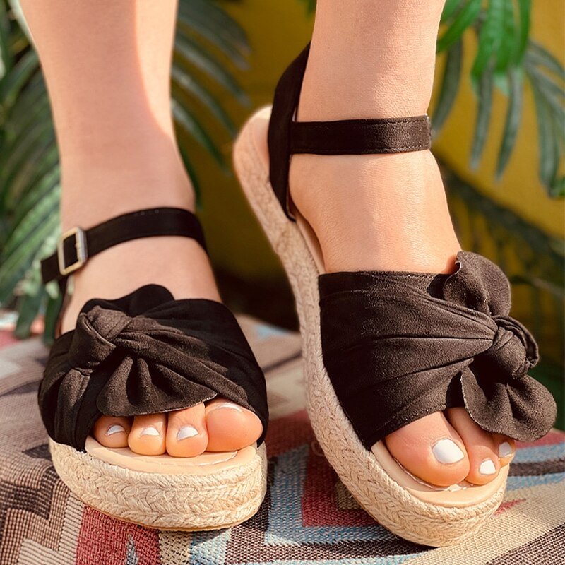 Women Vintage Sandals Summer Casual Shoes Hemp Flats Platform Ladies Bowknot Buckle Strap Fashion Woman Plus Size Female Sandals