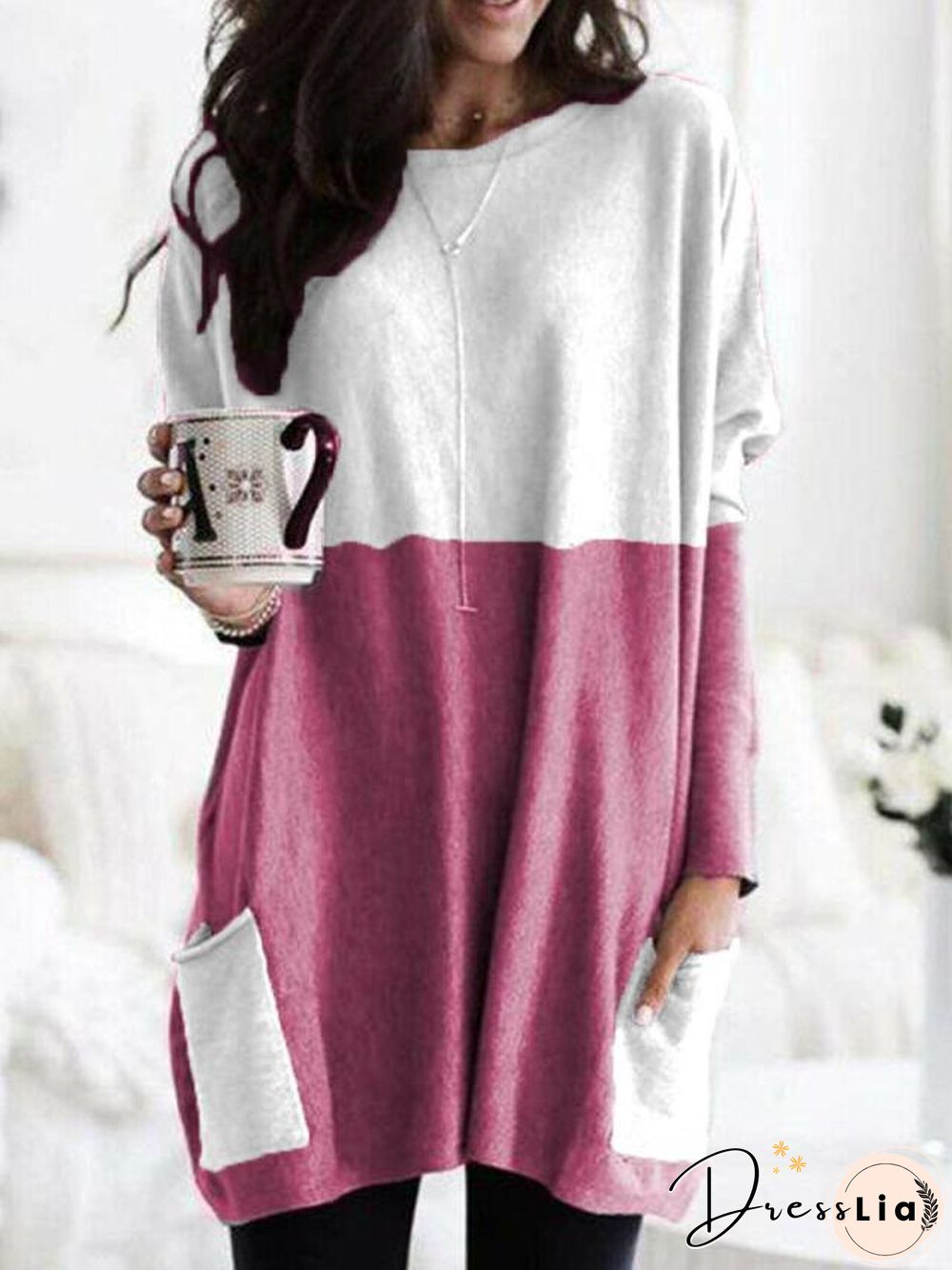 Hot Sale New Fashion Stitching Pocket Mid-length Loose Long-sleeved T-shirt Women