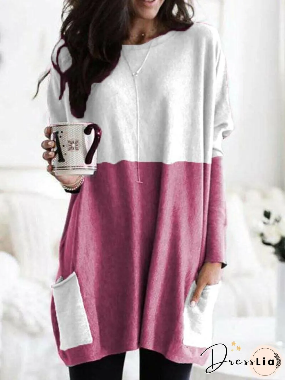 Hot Sale New Fashion Stitching Pocket Mid-length Loose Long-sleeved T-shirt Women
