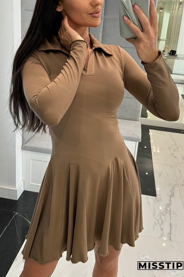 Solid Color Lapel Long Sleeve Slim Fit Waist Mini Dress