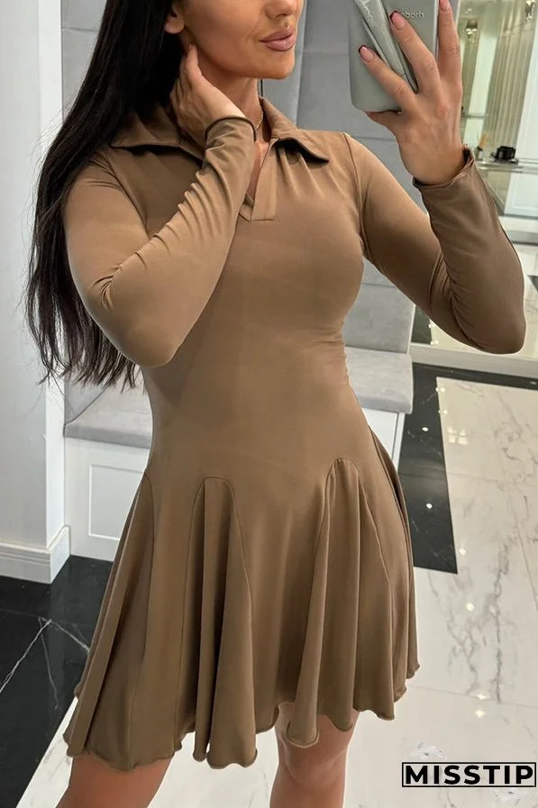 Solid Color Lapel Long Sleeve Slim Fit Waist Mini Dress