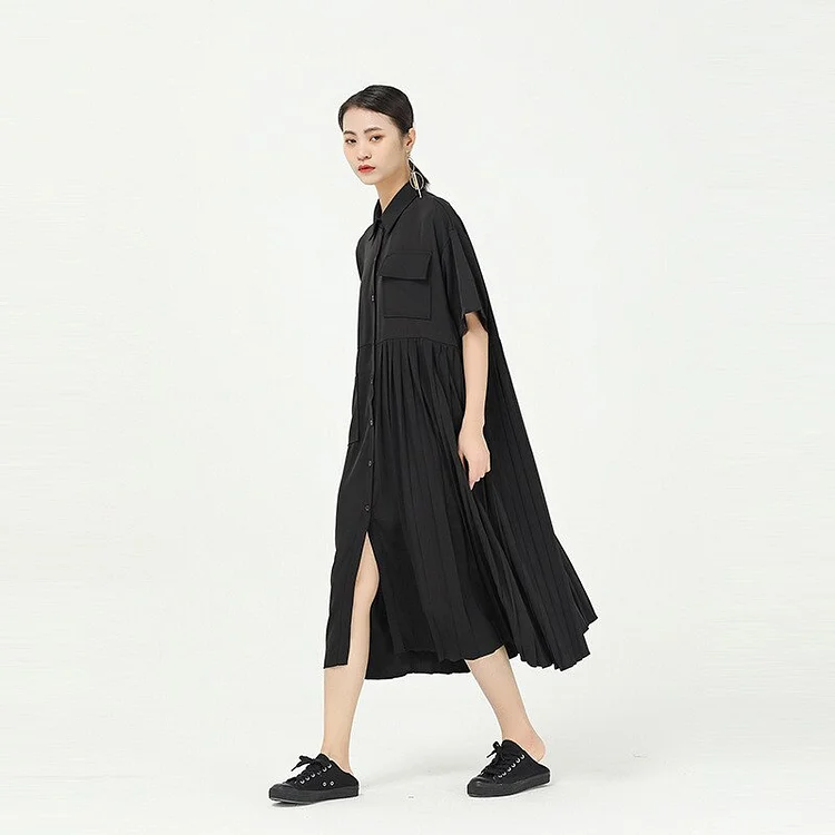 Fashion Loose Turn-down Collar Asymmetrical Pockets Pleated Patchwork Single-breasted Dress