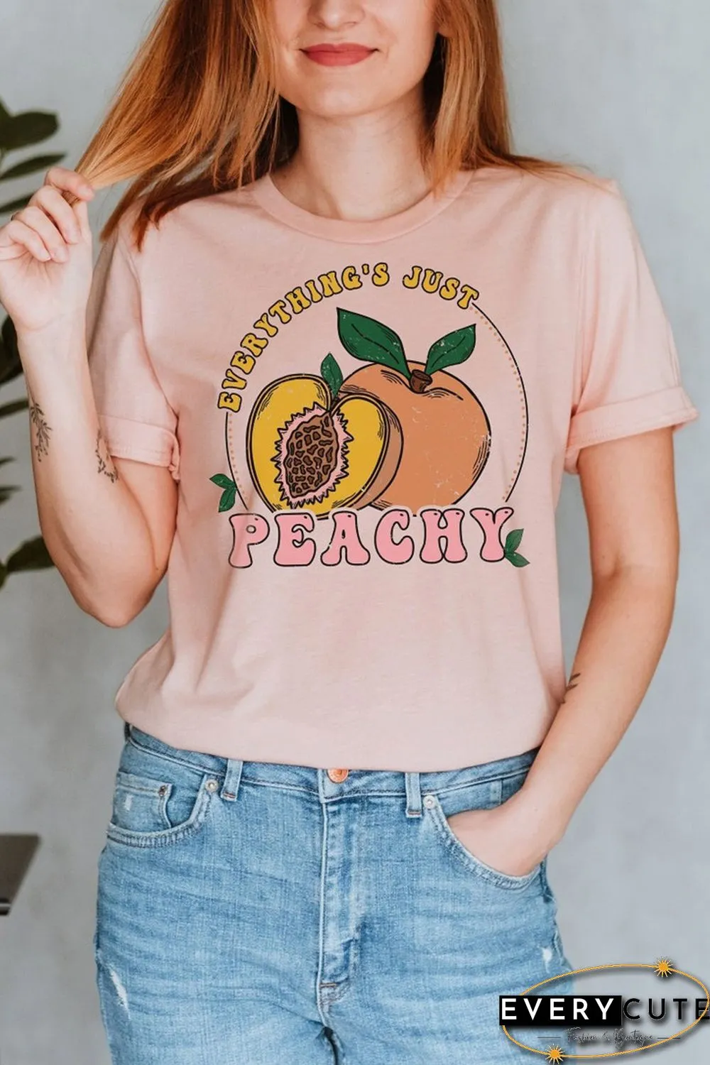 Pink PEACHY Letter Graphic Print Short Sleeve T Shirt