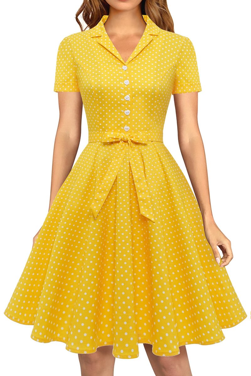1950s Yellow Party Shirt Collar Bow Ruffle Polka Dot Bell Midi Dress [Pre-Order]