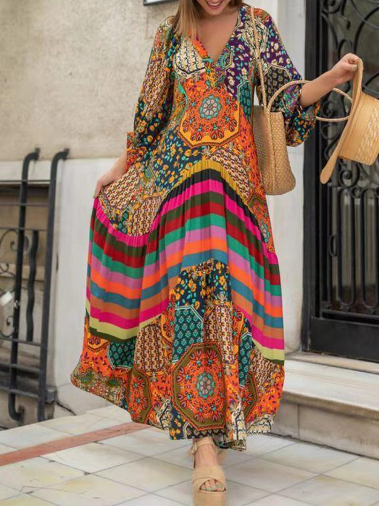 Trendy Elegant Pleated Flared Sleeves Vintage Party Boho Loose Maxi Dress