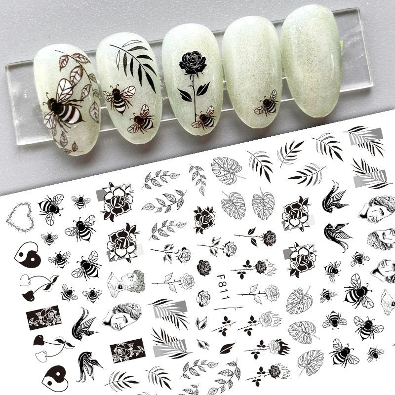 1pcs Black White 3D Nail Art Stickers Sliders Flowers Mandala Leaf Geometry Adhesive Nail Decals Foil Design Manicure-Nail Inspo