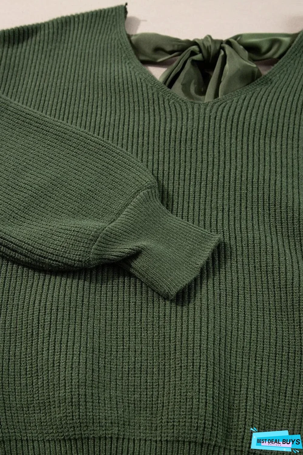 Jungle Green Lantern Sleeve V Neck Knot Back Sweater