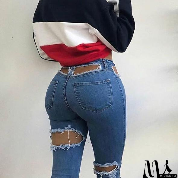 MidiSono - Casual Elastic Hole Denim Pants