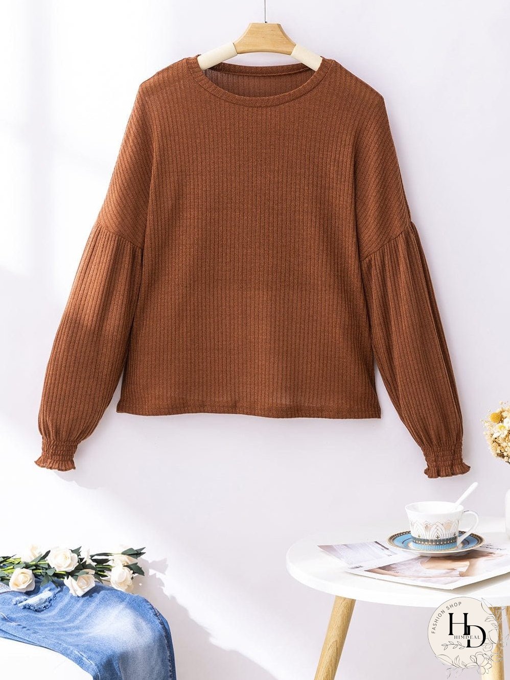 Chestnut Textured Knit Drop Shoulder Ruffled Sleeve Top