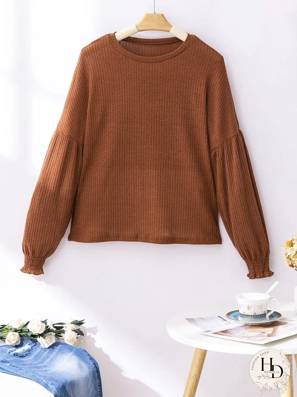Chestnut Textured Knit Drop Shoulder Ruffled Sleeve Top