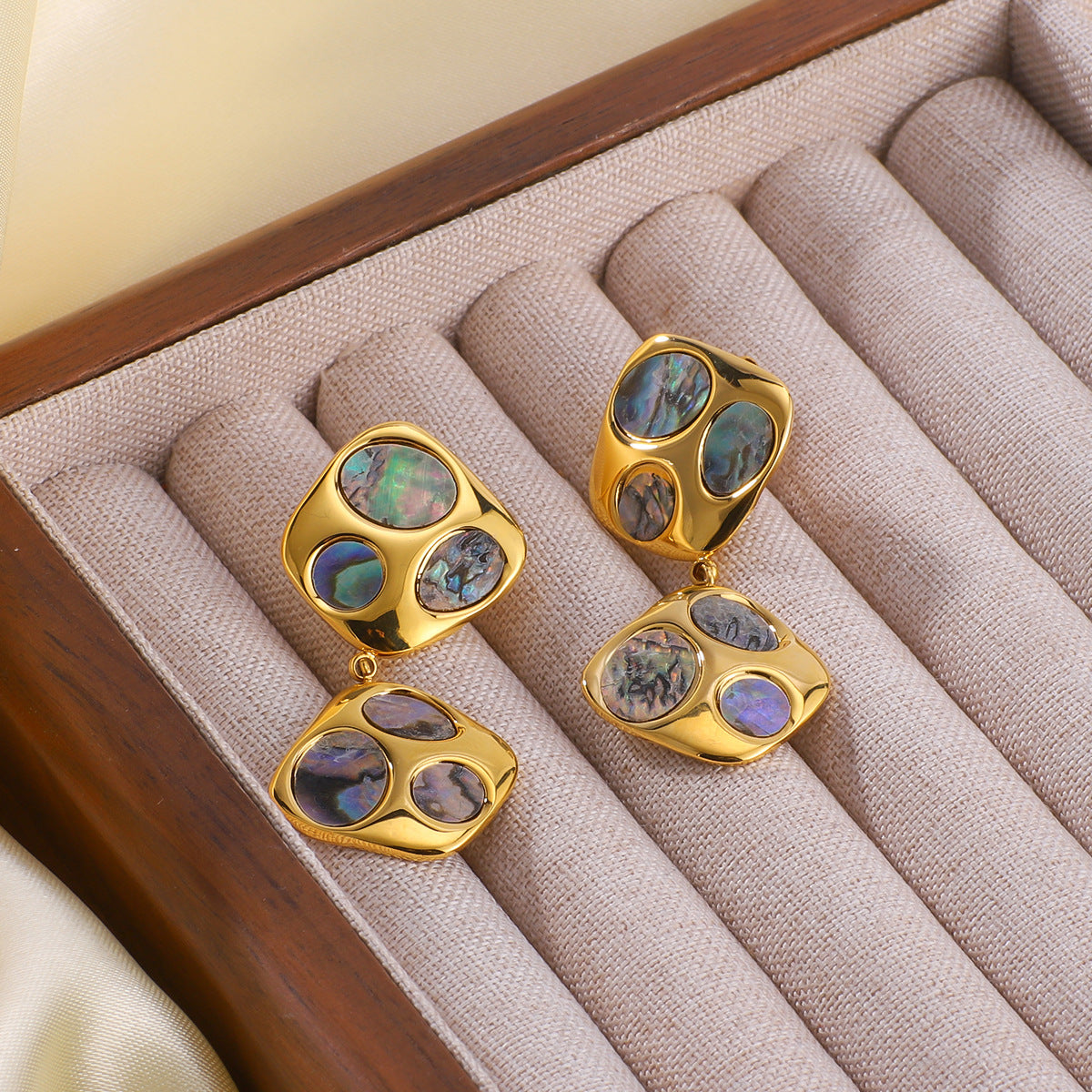 Ins Simple Design French Stainless Steel Irregular Inlaid Natural Black Shell Geometric 18K Gold Earrings