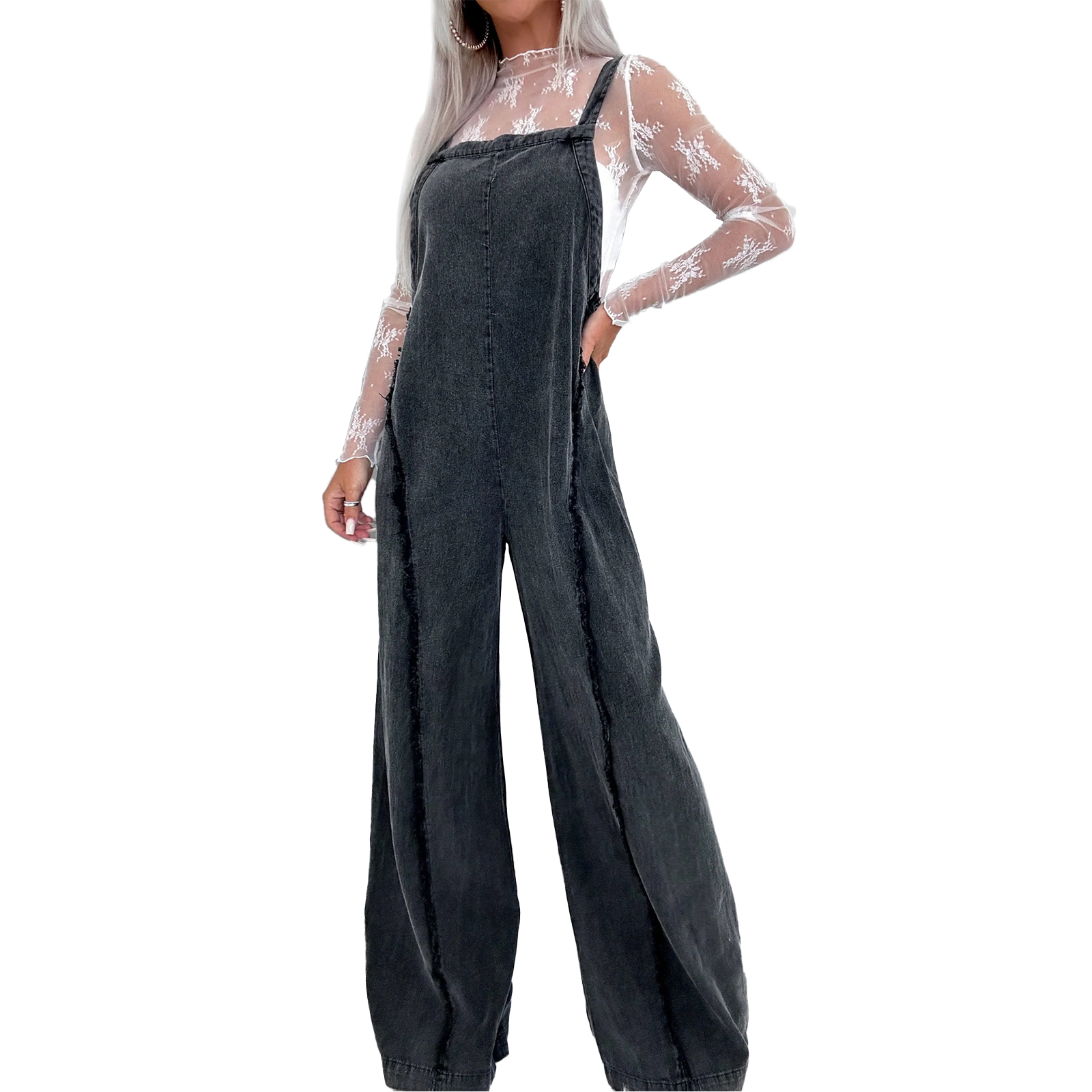 Elinlin Combhasaki Women's Y2K Vintage Denim Overalls Loose Fit Washed Raw Trim Square Neck Open Back Sleeveless Wide Leg Jeans Jumpsuit