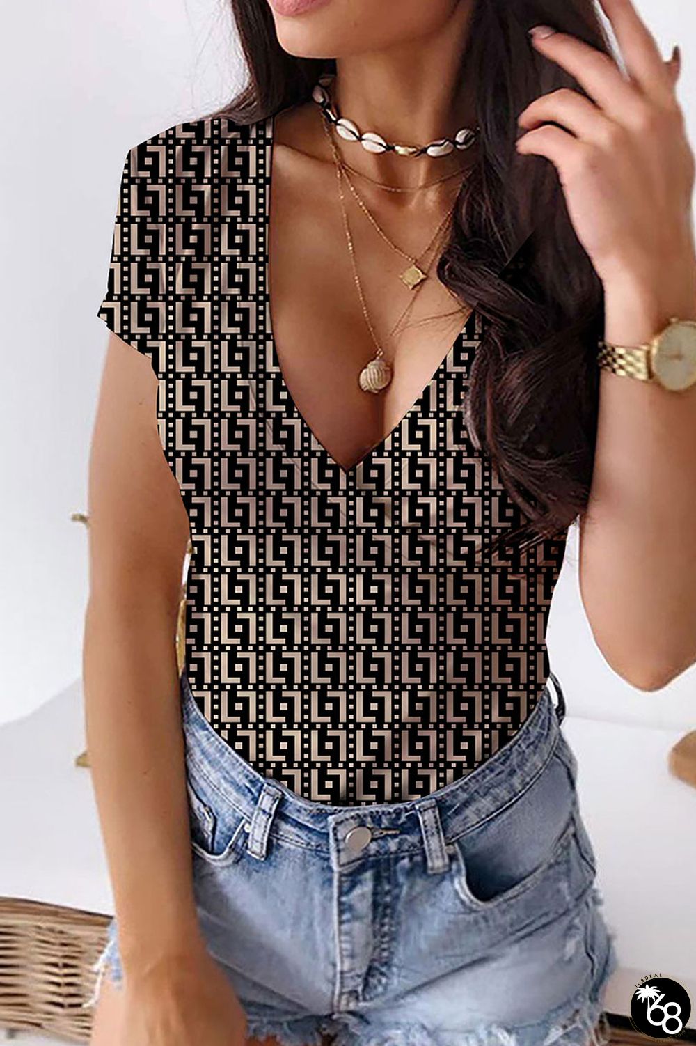 Khaki Casual Street Print Patchwork V Neck T-Shirts | 168DEAL