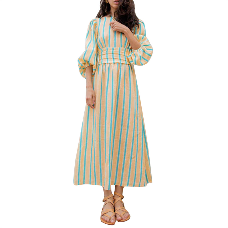 Megaarcadee Dress 2025 Women Elegant Stripe Print Lantern Sleeve Open Back Tie Waist A-Line Ruffle Dress Club Evening Party Dresses