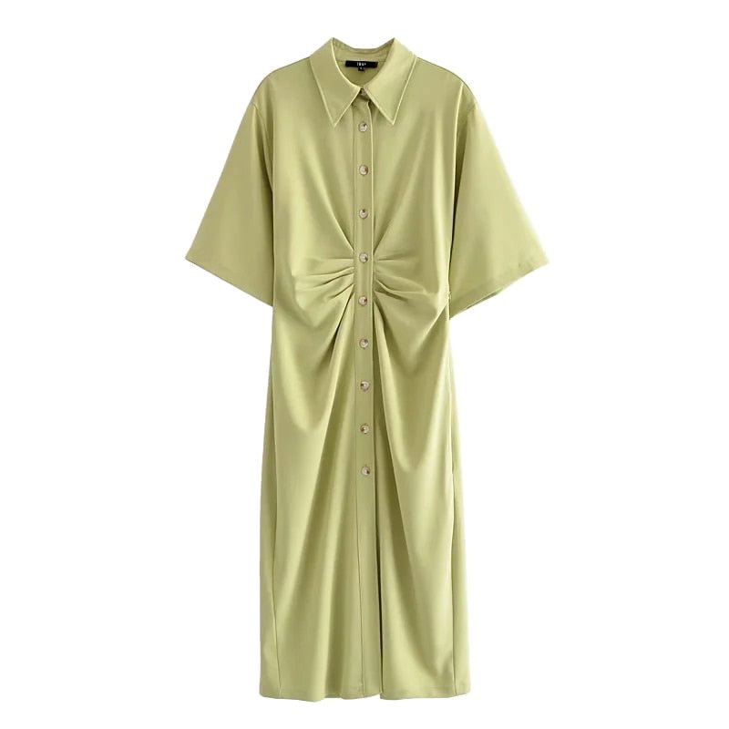 TRAF Women Chic Fashion Button-up Draped Midi Shirt Dress Vintage Short Sleeve Side Zipper Female Dresses Vestidos