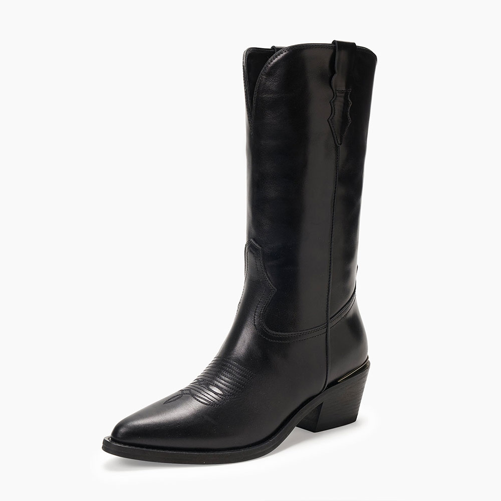 Black Classic Pointed Toe Chunky Heel Mid-Calf Cowgirl Boots for Women Nicepairs