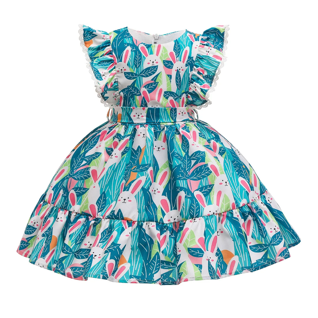 Buzzdaisy Rabbit Princess Dress For Girl Round Collar Puff Sleeves Breathable Cotton Retro Dress Sports