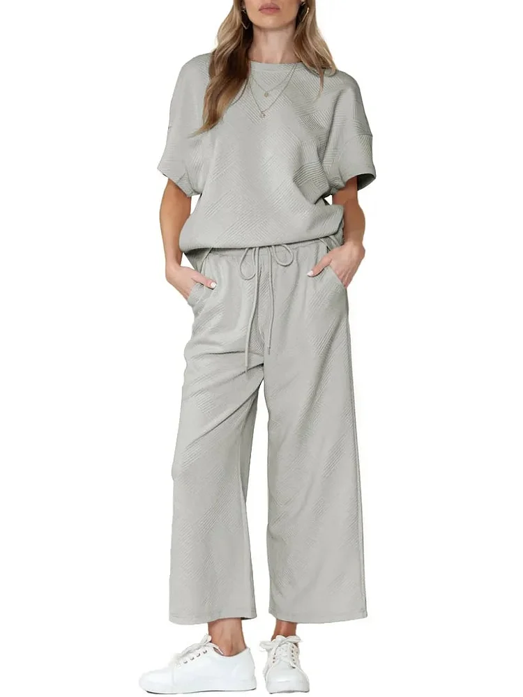 WOMEN'S TEXTURED LOOSE FIT T SHIRT AND DRAWSTRING PANTS CASUAL SET (BUY 2 FREE SHIPPING)