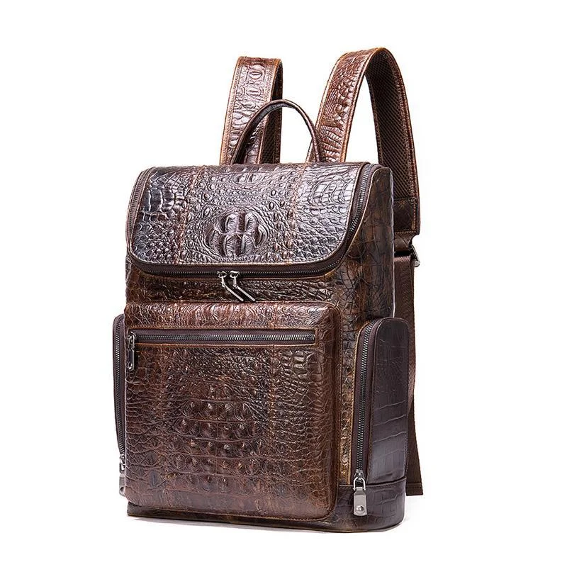 Mens Alligator Pattern Cow Leather Soft Back Flap Backpack