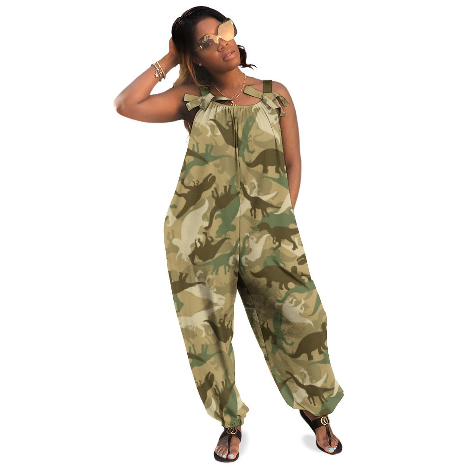 Camouflage Dinosaur Print Plus Size Wide Leg Jumpsuit Women Summer Casual One Piece Playsuit Spaghetti Straps Loose Pockets Natural Waist