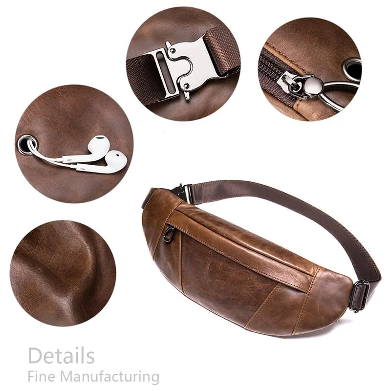 Soft Genuine Leather Adjustable Strap Earphone Jack Multi-Pocket Chest Bag
