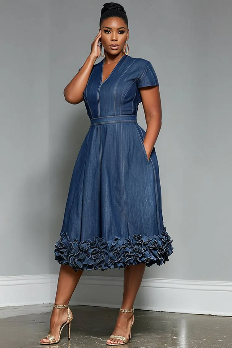 Xpluswear Design Plus Size Business Casual Blue V Neck Short Sleeve Pocket Ruffle Tencel Denim Midi Dresses [Pre-Order] 2024 - Xpluswear
