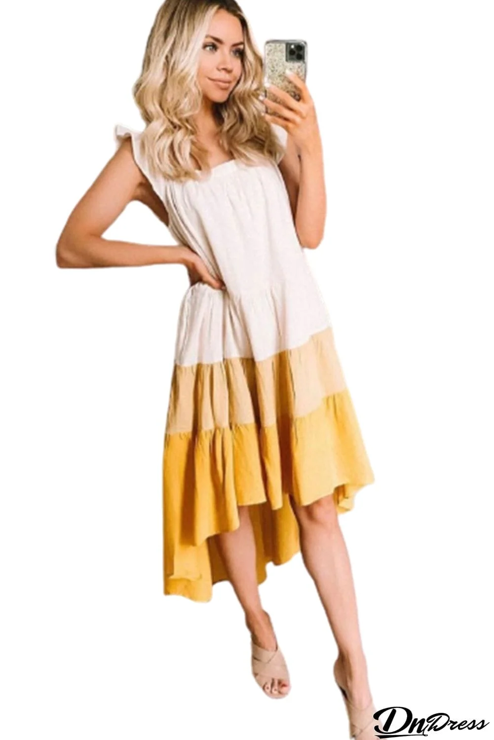 High Low Tiered Colorblock Square Collar Midi Dress