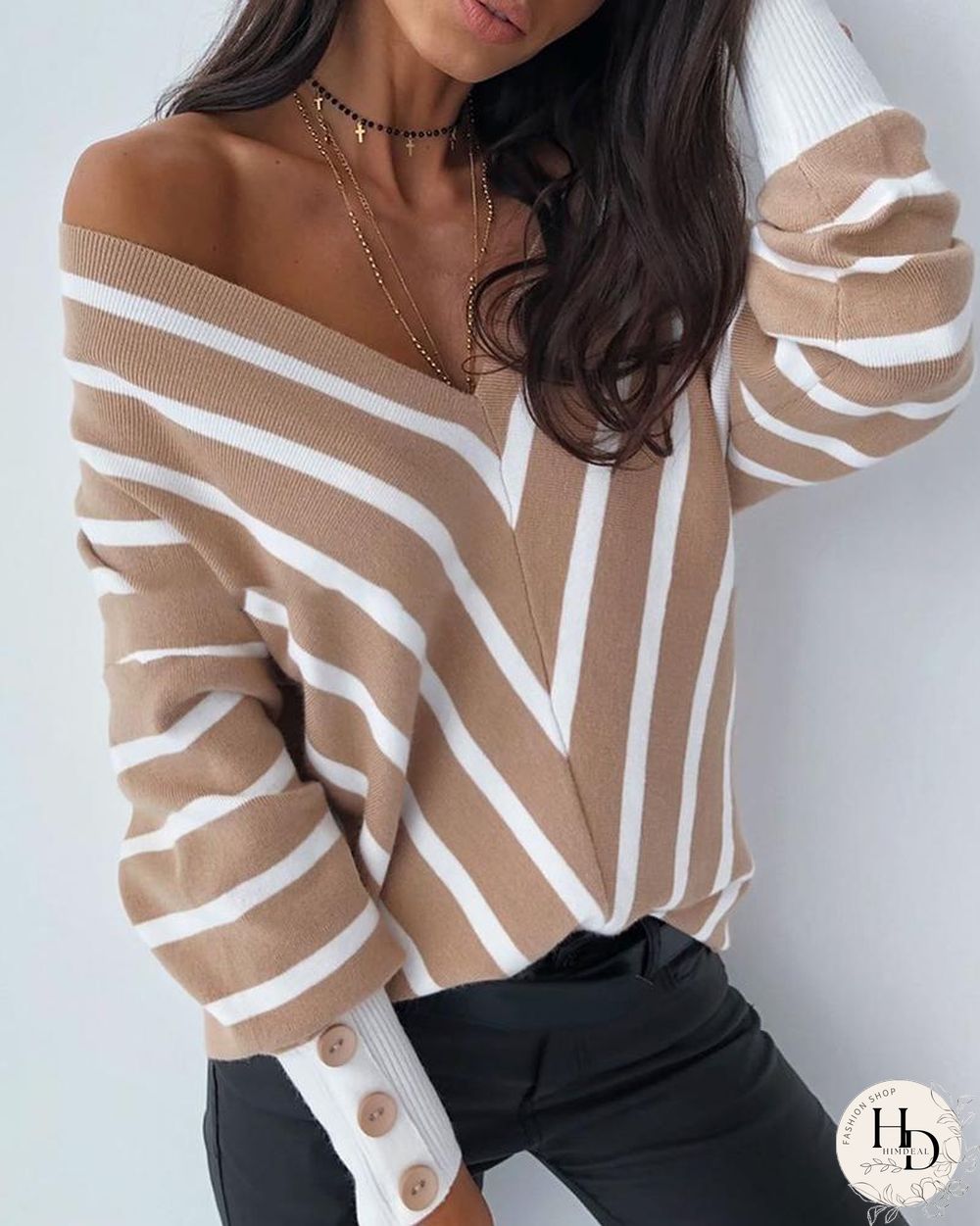 V Neck Popper Cuff Striped Casual Sweater P16131