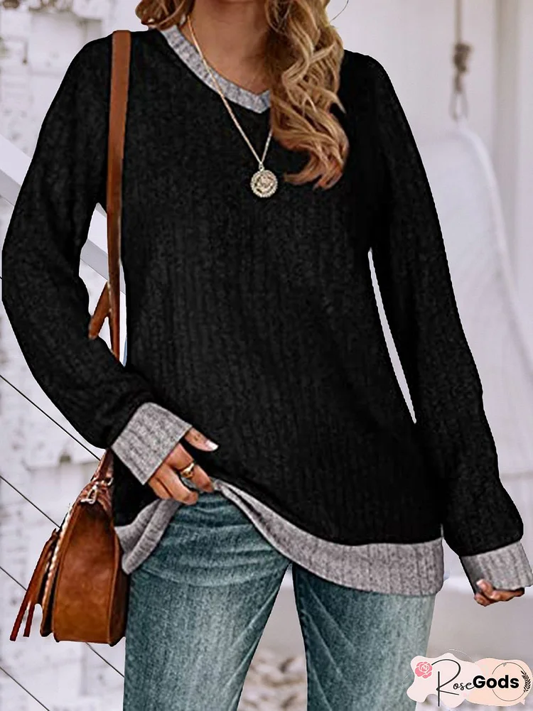 V Neck Loose Color Block Tops