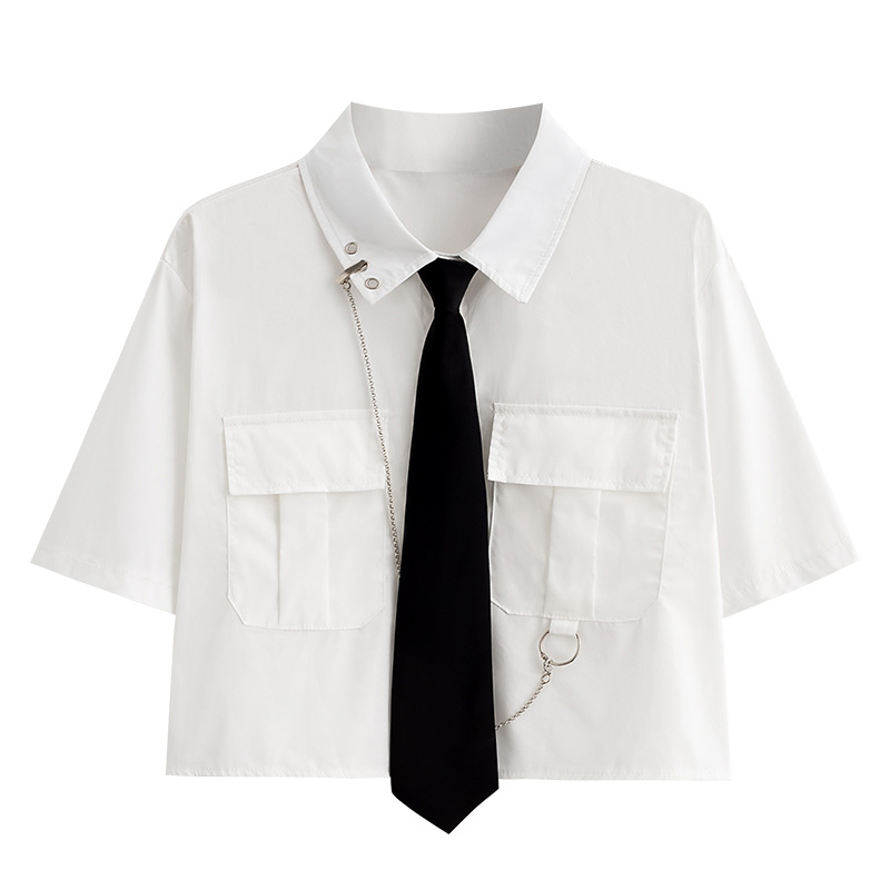 Pure Color Pocket Chain Lapel Tie T-Shirt
