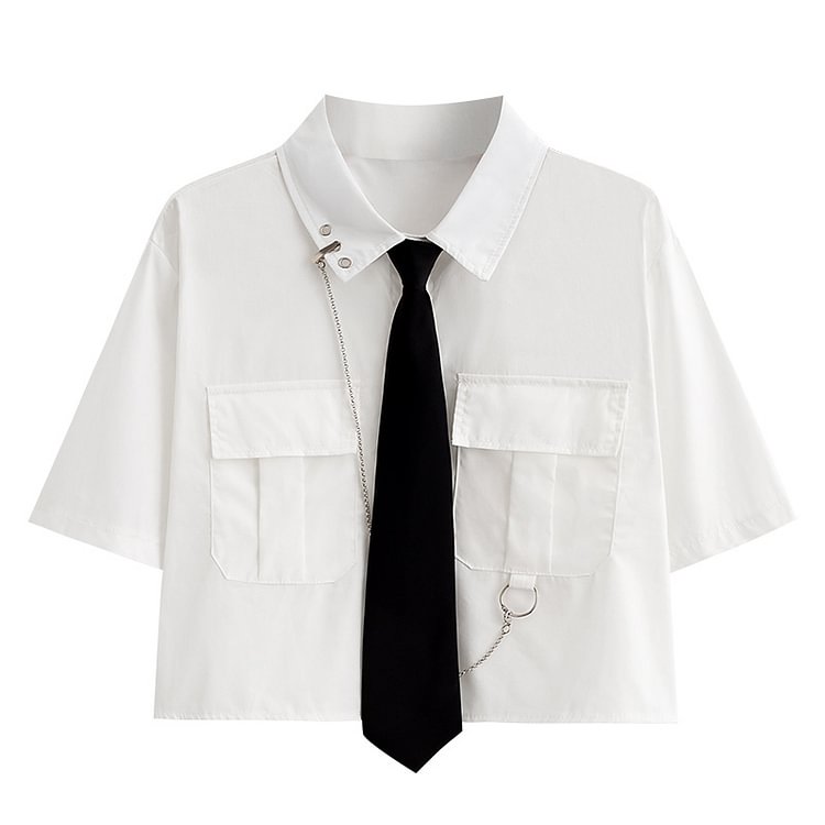Pure Color Pocket Chain Lapel Tie T-Shirt - Modakawa Modakawa