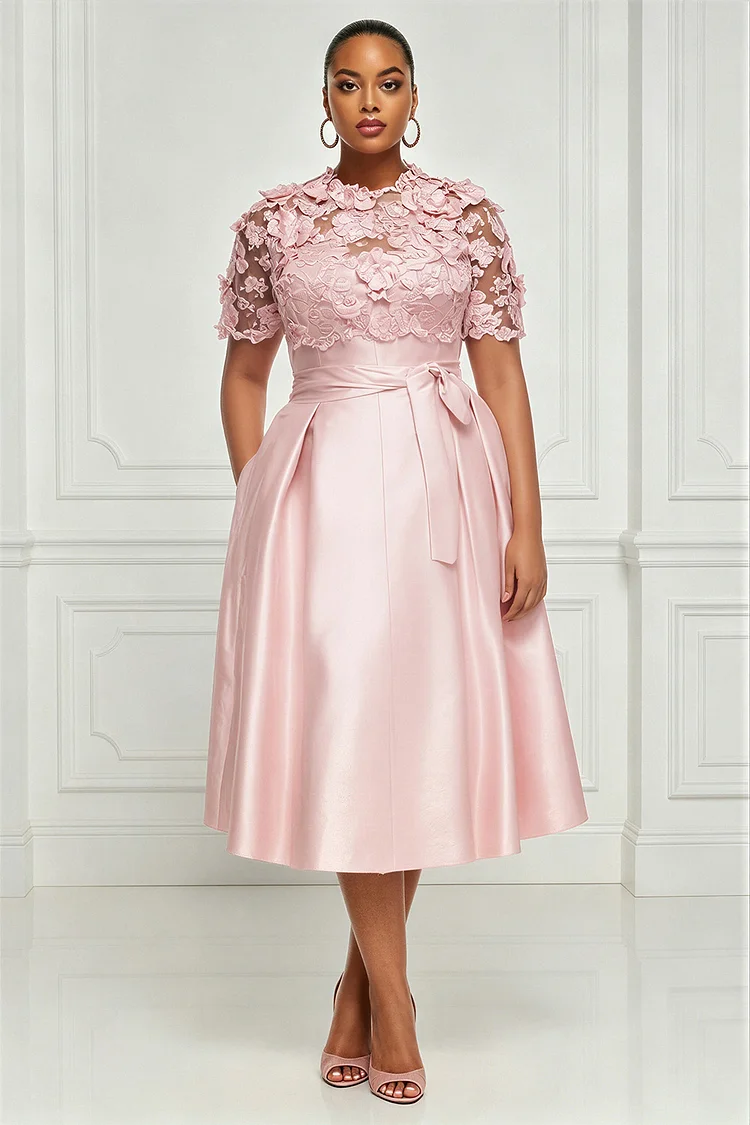 Xpluswear Design Plus Size Wedding Guest Elegant Lace Pink Round Neck Short Sleeve Wrap Pocket Satin Midi Dresses [Pre-Order] 2024 - Xpluswear