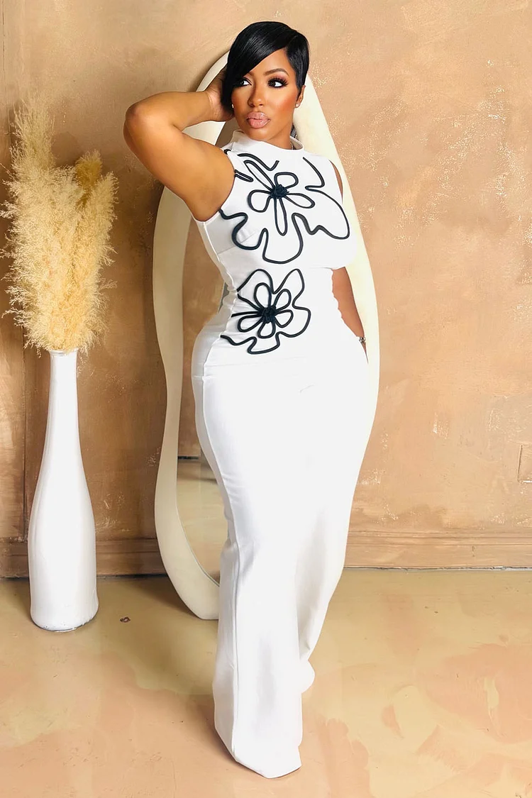 Floral Printed Mock Neck Sleeveless Slim Party Jumpsuit-White [Pre Order]