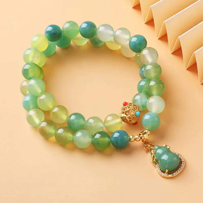Green Grape Agate Crystal Meditation Gourd Charm Wrap Bracelet