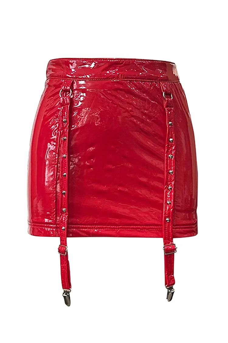 Gothic Red Party PU Leather Grommet Buckle Straps Bodycon Short Skirts (With Suspender)