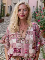 Retro Bohemian Rose Floral Patchwork Art Short Sleeve