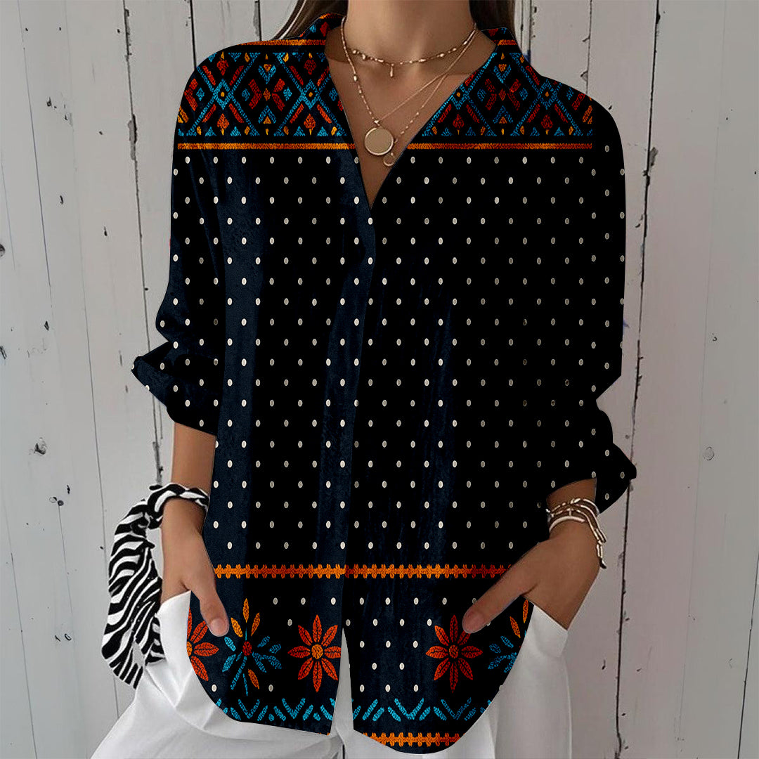 Women Long Sleeve V-neck Graphic Floral Printed Top
