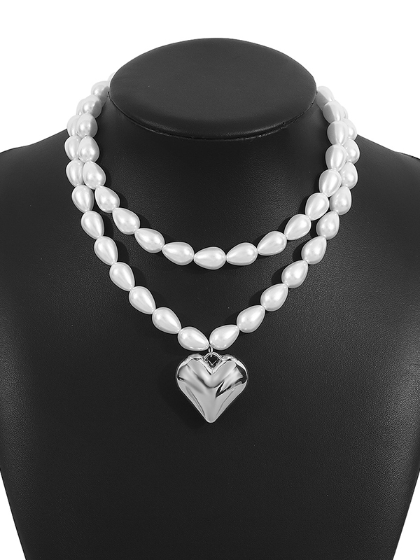 Heart Shape Double Layered Necklaces Accessories SILVER-One_size