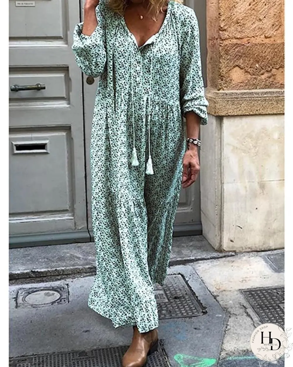 Women Shift Boho Floral Maxi Dresses Long Sleeve V Neck Dresses