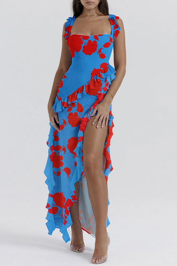 Casual Sweet Street Daily Elegant Vacation Mixed Printing Patchwork Flounce Slit Printing Square Collar Dresses