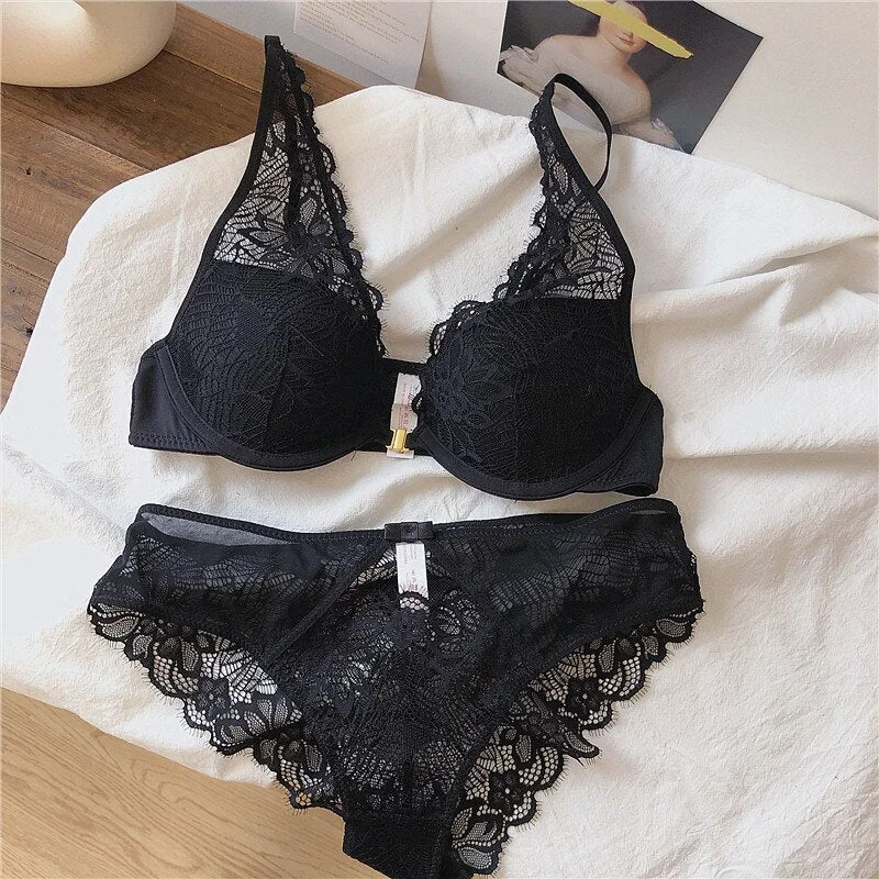 Wriufred Lace Front Buckle Bra Set Deep V Gather Sexy Hollow out Women's Underwear Soft Steel Ring Breathable Lingerie Sets