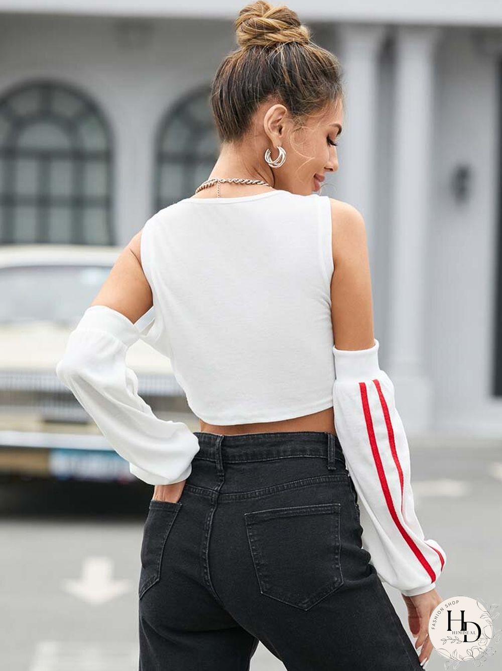 Stripe Off Shoulder Long Sleeve Cut Out Sexy Crop Top For Women