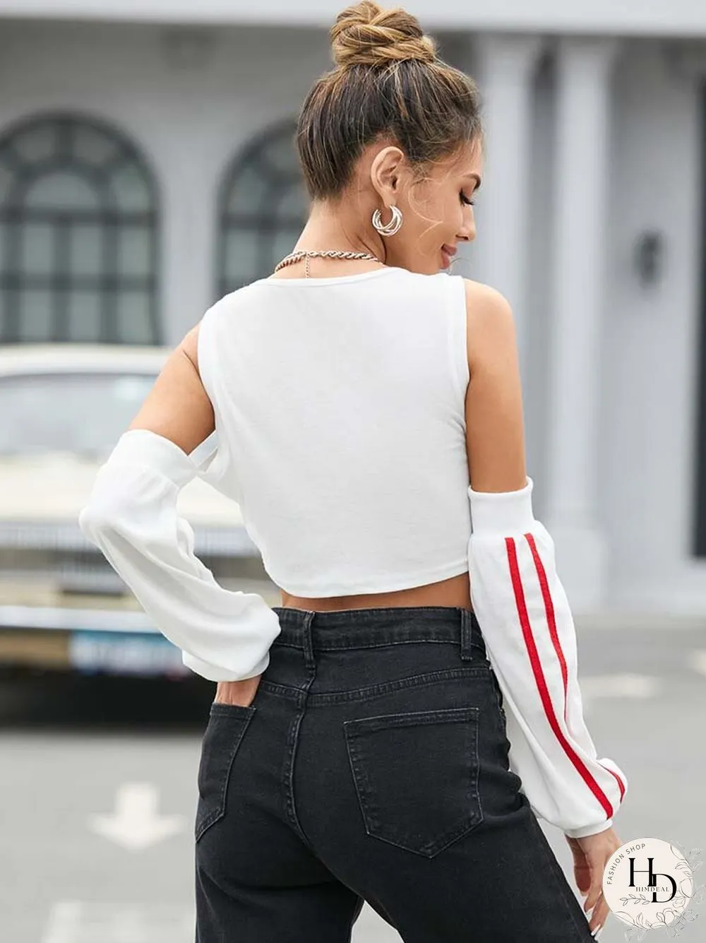 Stripe Off Shoulder Long Sleeve Cut Out Sexy Crop Top For Women