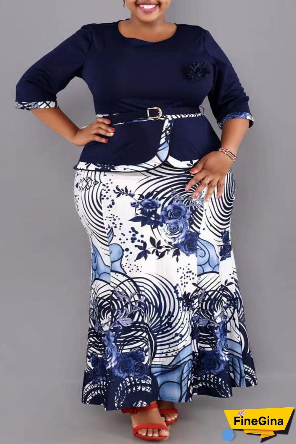 Blue Casual Work Elegant Floral Patchwork Slit Contrast O Neck Wrapped Skirt Plus Size Two Pieces(With Belt)
