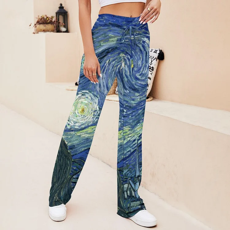 S-3XL Vincent Van Gogh The Starry Night Flared Pants Trousers Women Flowy Wide Leg Hippie Stretchy Palazzo Pants - Heather Prints Shirts