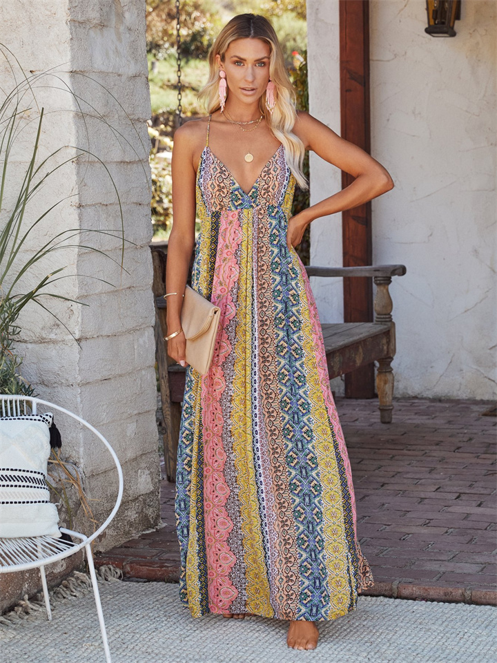 Summer V-neck Sexy Backless Halter Print Large Swing Type High Waist Sleeveless Long Dress Dress Sexy Hot Girls Resort Style Women | 168DEAL