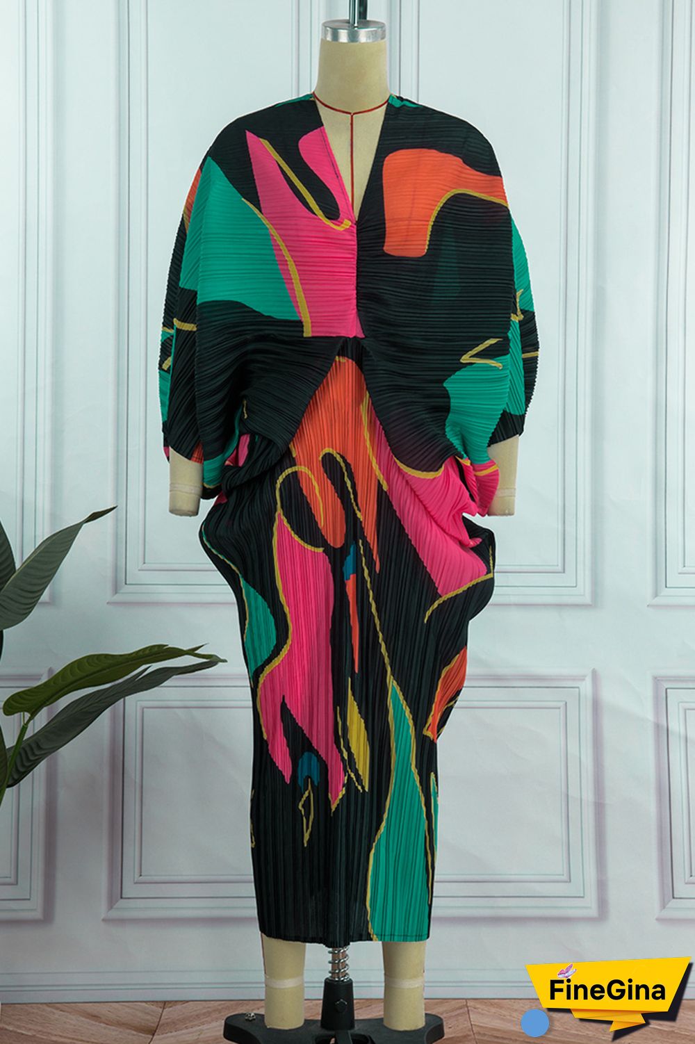 Pink Purple Casual Print Patchwork V Neck Pencil Skirt Plus Size Dresses