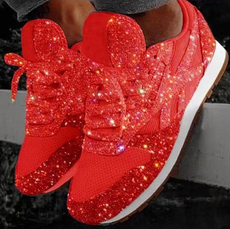 VCSHOES Rhinestone Lace Up Sneakers Flats