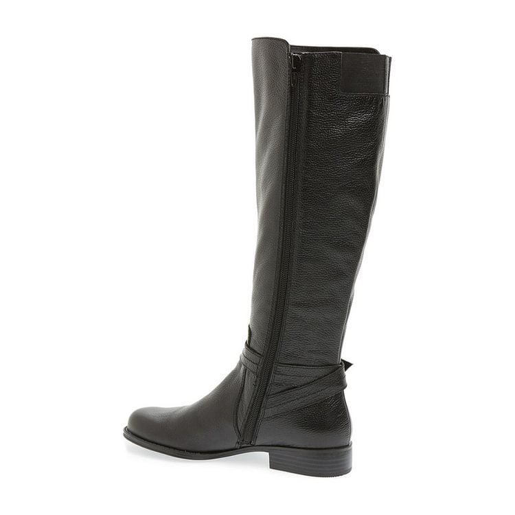 Black Low Heel Riding Boots Textured Vegan Leather Knee Boots |FSJ Shoes