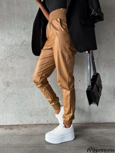 Smocked High Waist Pants with Pockets